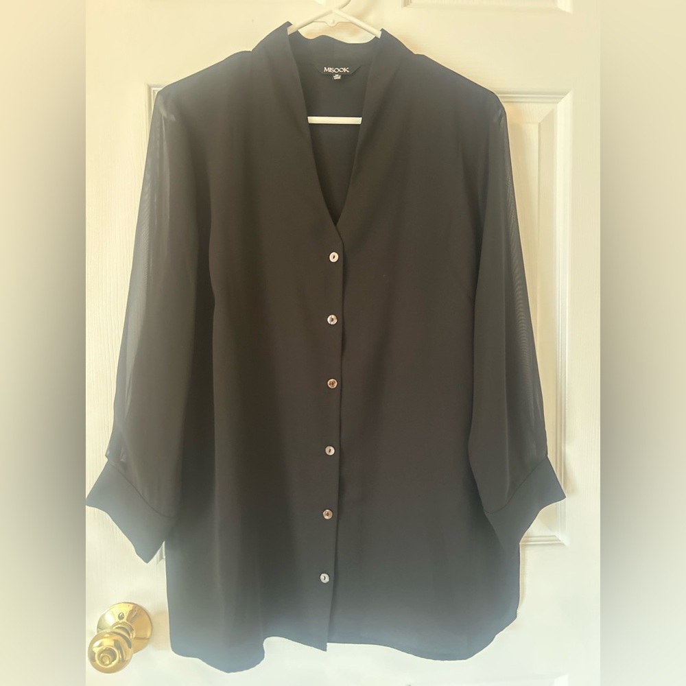 Misook Black Button Down Blouse Size Medium With … - image 1